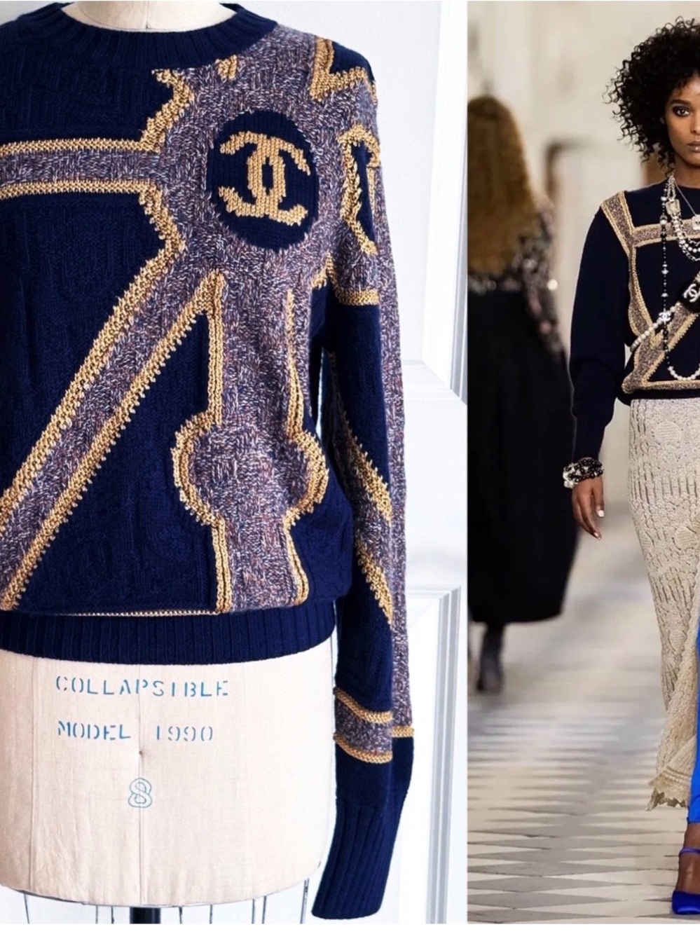CHANEL Navy & Gold Cable-Knit Crewneck Sweater